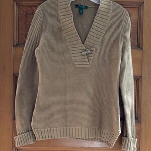 Lauren Tan Cotton V Neck Knit Sweater With Toggle Button